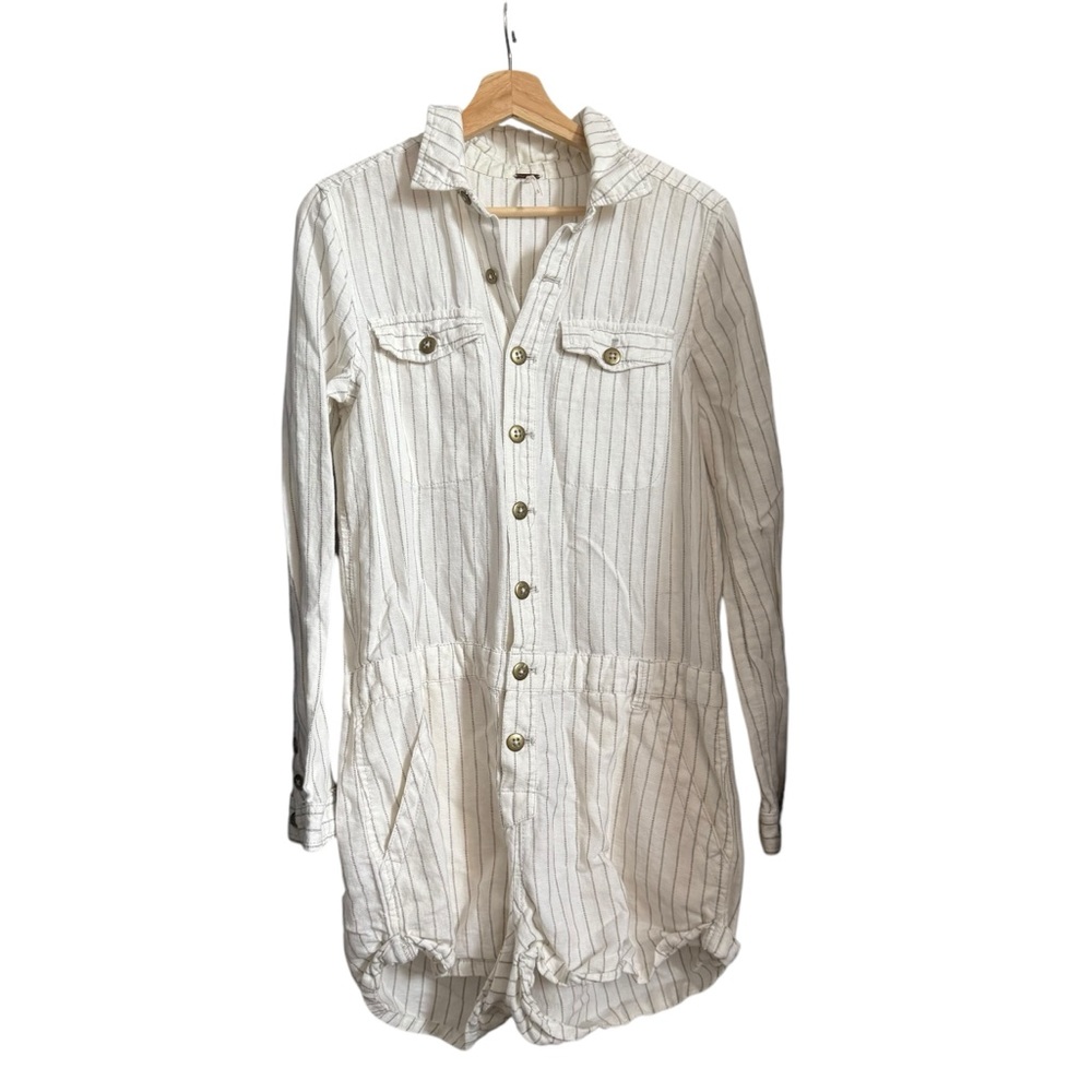 Free People Linen Blend Cotton Yard Dyed Ivory Pinstripe Romper Jumpsuit Women S